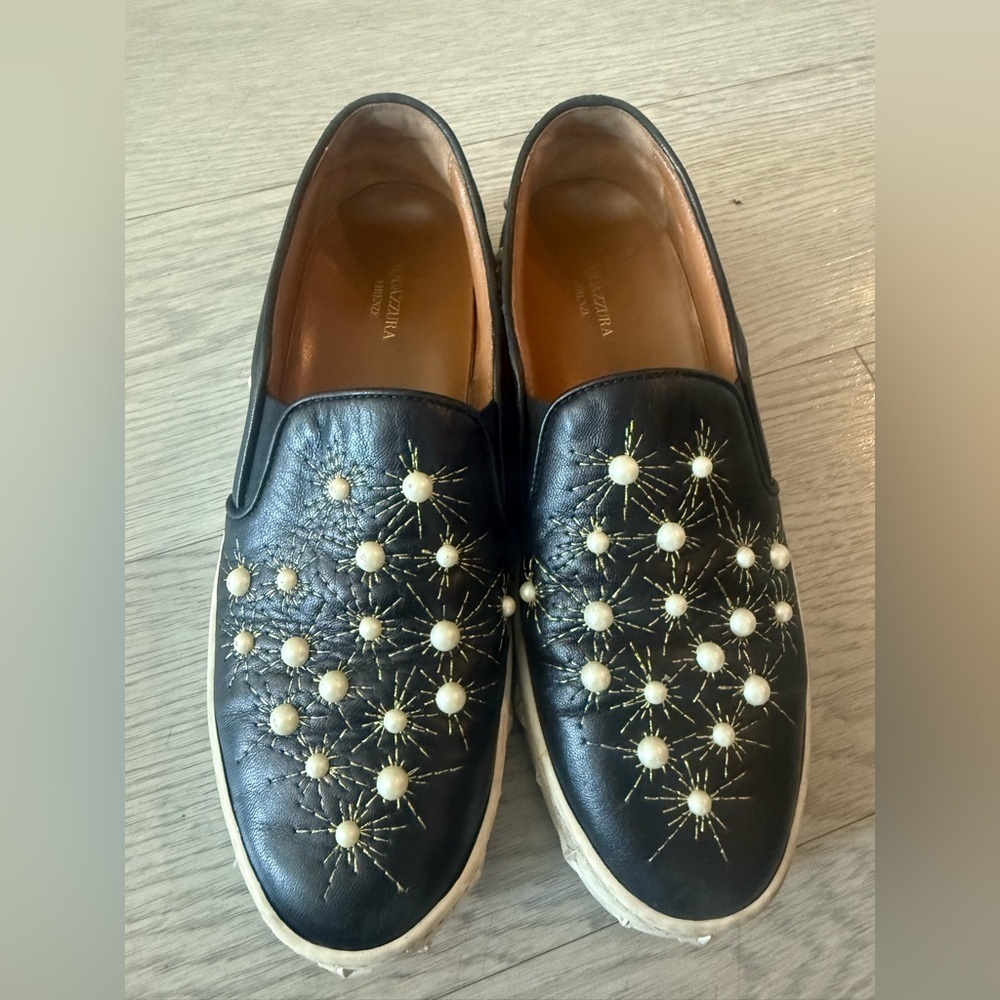 Aquazzura Cosmic Embellished Embroidered Leather Slip-On Sneakers Women’s Siz 37